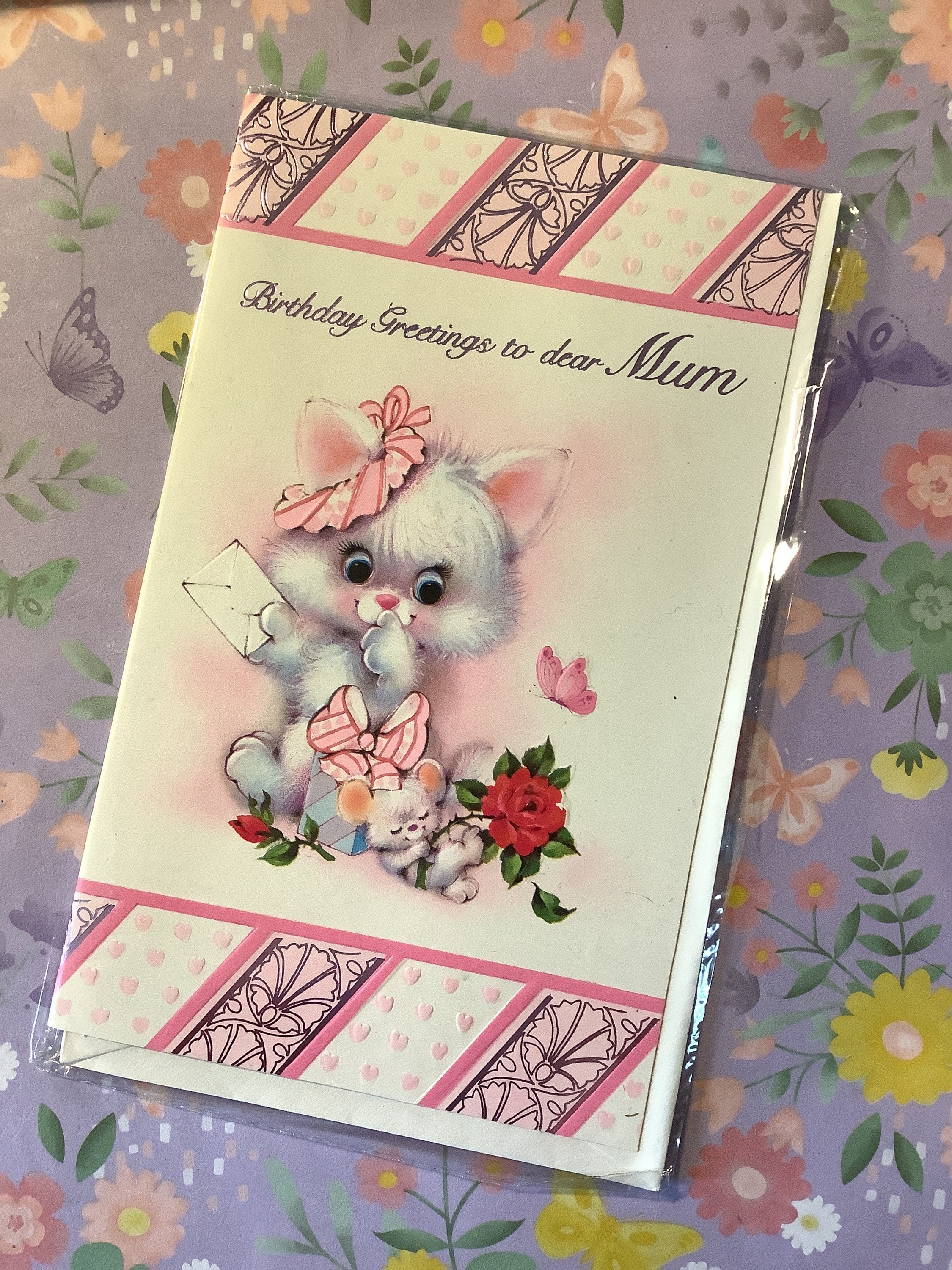 RARE Vintage Circa 1970s 'Birthday Greetings to Dear Mum' Card - Cute Cat & Mouse Design  -Kitsch/Vintage/Cat Loving Mum Card - Sweet Verse