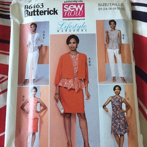 Könnte beinhalten: Ein Schnittmuster für ein Damenkleid mit drei verschiedenen Stilen. Das Schnittmuster ist von Butterick und hat die Größe E5 (14-16-18-20-22). Das Schnittmuster heißt "Lifestyle Wardrobe" und wird in Zusammenarbeit mit Sew Now hergestellt.