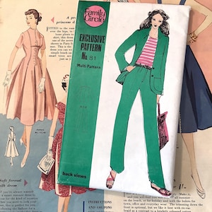 May include: A Family Circle sewing pattern envelope labeled Exclusive Pattern No. 81 Multi Pattern. The cover features a green illustration of a blazer and trousers worn over a pink and white striped shirt, with back view line drawings included.