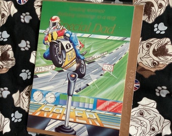 RARE Vintage 1980s 'Sending Warmest Birthday Greetings to a very Special Dad' Card -  Motorcycle Arcade Game Design -  Gaming Lover Dad Card
