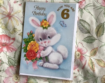 RARE Vintage Circa 1980s 'Happy Birthday Now You Are 6 Card ADORABLE Rabbit with Floral Bouquet Design - Nostalgic Card with a Sweet Verse