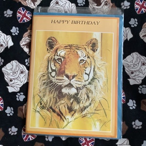 Cartão de 'feliz aniversário' vintage/retro EXTREMAMENTE RARO por volta dos anos 1970 - design impressionante de tigre de Phil Prentice - cartão divertido, retrô/vintage/amante de tigre