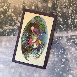 EXTRÊMEMENT RARE Rétro/vintage Circa années 1970 Carte de Noël vierge Whimsical Dressed Mouse & Paper Chain Design par Heather S Buchanan - Nostalgie
