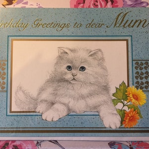 RARE Vintage Circa 1980 'Birthday Greetings to Dear Mum' Card - Cute Persian Cat and Floral Design - Sweet Verse - Cat/Vintage Loving Mum