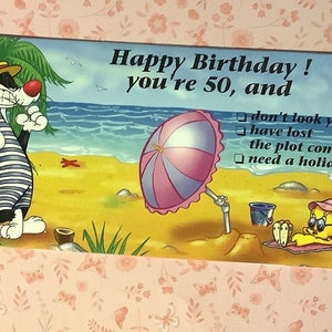 EXTREM selten Vintage Circa 1997 '50th Birthday' 'Looney Tunes 'Sylvester & Tshirty Pie' Cartoon Story Geburtstagskarte -Warner Bros. -Fun Karte