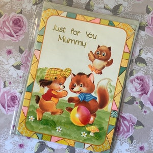 Cartão RARO Vintage Circa 1970 'Just for You Mummy' com design super fofo de raposa e coruja - Verso doce - Cartão de múmia amorosa vintage/retro/raposa/coruja