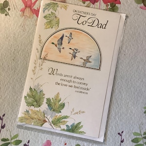 RARA cartolina vintage inutilizzata degli anni '80 circa "Per la festa del papà" con STRAORDINARIO design con anatre e foglie decorate - Dolce saluto - Amante della nostalgia