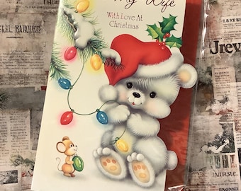 RARE Vintage Circa 1980s Wife Christmas Card - ADORABLE, Kitsch Bear in a Santa Hat and Mouse Design  - Sweet Verse Inside - Bear Lover Wife