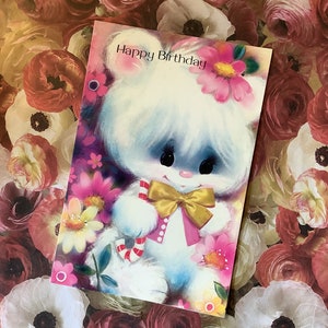 Cartão RARE True Vintage/Retro Circa 1960 de 'Feliz Aniversário' - ADORÁVEL Urso Branco com Design de Grandes Olhos Azuis - Cartão Nostálgico com Verso Doce