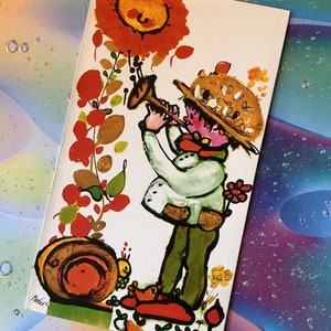 Cartão de aniversário em branco de Gordon Fraser, vintage MUITO RARO, por volta dos anos 1970, projetado por Marion Foster - ADORÁVEL design retrô de menino, caracol e flores descoladas