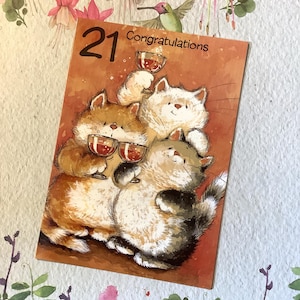 Rare carte d'anniversaire vintage des années 1990 pour 21 ans - ADORABLE trio de « gros chats » buvant des bulles de champagne par Margaret Sherry - décorée à l'intérieur - amoureux des chats