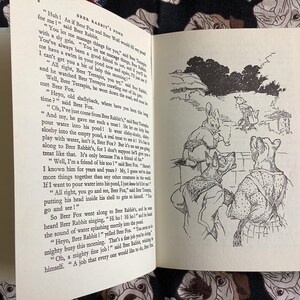 May include: An open book with illustrations and text. The left page has text, while the right page features a black and white drawing of anthropomorphic animals. The book is titled "Brer Rabbit's Pond".