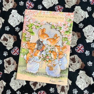 SELTENE Vintage circa 1990er Jahre 'On Your Wedding Day' Karte - ADORABLE Braut, Bräutigam & Brautjungfer Kaninchen Design von Margaret Sherry -Innen dekoriert