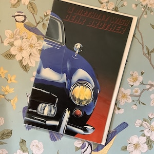 Cartão RARO vintage dos anos 80 "Um desejo de aniversário, querido irmão" com design retrô de carro azul - Cartão divertido e nostálgico para seu irmão amante de carros - Nostalgia