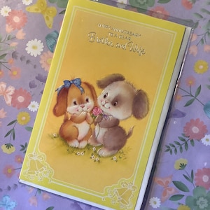 RARE carte Pevril vintage/rétro vers les années 1970 « Happy Anniversary To A Dear Brother & Wife » - Conception de chien super mignon - vintage/Dog Loving Couple