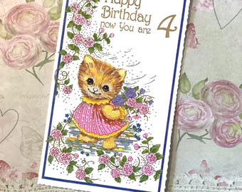 RARE Vintage Circa 1970s 4th Birthday Card - ADORABLE Dressed Cat and Pretty Floral Design - Sweet Verse Inside -Traditional, Nostalgic Card