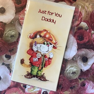Cartão de aniversário FABULOSO Vintage/Retro por volta dos anos 1970 'Just For You Daddy' - Design de gato bonito e bem vestido - Verso doce - Papai amoroso vintage