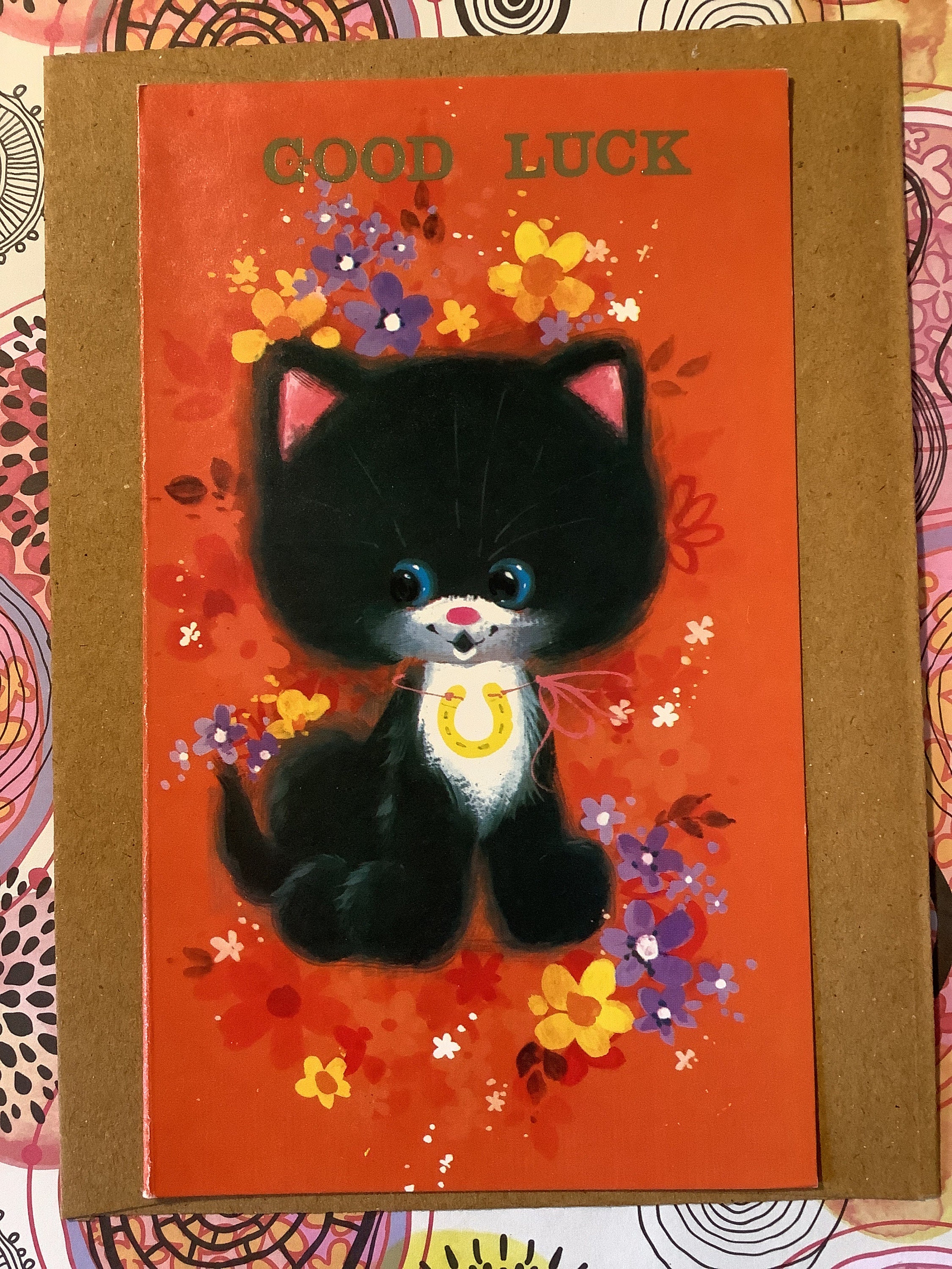 RARE Vintage Circa 1970s Good Luck Card Super Cute Retro Black Cat ...