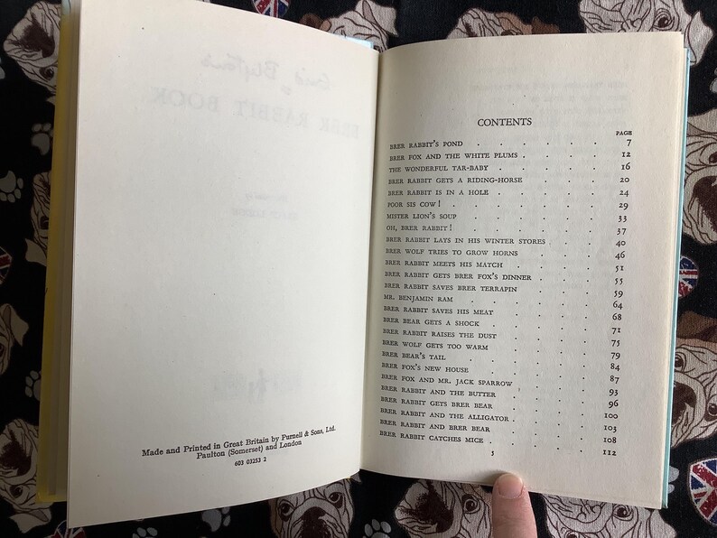 May include: Open book with pages displaying the contents of "Brer Rabbit Book". The table of contents lists stories like "Brer Rabbit's Pond" and "Brer Fox and the White Plums". The book is printed in Great Britain.