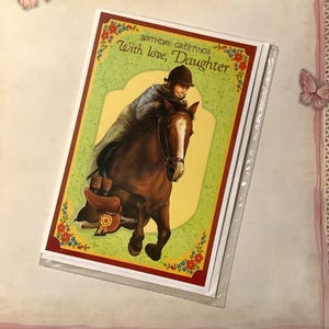 Cartão de aniversário raro, vintage, de circa 1980, para filha - Garota amazona e design de equipamento de montaria - Saudação doce - Cartão para filha amazona