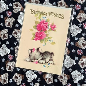 RARO Grande Verdadeiro Vintage/Retro Circa 1970s 'Desejos de Aniversário' Cartão - Kitsch/Retro/Gatinho Fofo e Design de Rosas Cor de Rosa - Cartão Retro/Vintage/Amante de Gatos