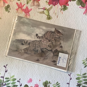 Uiterst ZELDZAME vintage open verjaardagskaart uit de jaren 1970 met PRACHTIG ontwerp met wilde katten kittens naar een schilderij van Rita Parsons Een kaart naar lijst