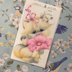 Cartão de aniversário vintage/retro por volta dos anos 1970 "Melhores votos para você ter 18 anos" - Gato fofo e design floral retrô - Amante retrô - Um cartão para guardar - Verso doce