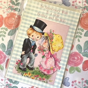 RARA carta vintage/retrò degli anni '70 "Un augurio di anniversario a un caro fratello e sua moglie" - Design sposa e sposo - Versetto dolce - Amanti retrò