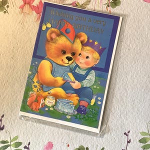 RARE Vintage Circa 1980s &#39;Wishing you a very Happy Birthday&#39; Card - Cute, Kitsch & Unusual Bear, Squirrel and Boy eating B&#39;day Cake Design