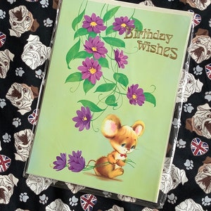 ZELDZAME grote echte vintage/retro kaart 'Verjaardagswensen' uit circa jaren 1970 - kitsch/retro/schattige muis en bloemdessin - kaart retro/vintage/muisliefhebber