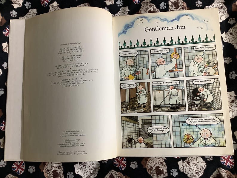 Puede incluir: P&aacute;gina de un libro abierto con ilustraciones de "Gentleman Jim". Las im&aacute;genes estilo c&oacute;mic muestran a un hombre calvo con bata blanca en varios escenarios de ba&ntilde;o. El t&iacute;tulo y otros textos son visibles.
