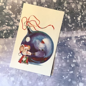 Biglietto di Natale vuoto retrò/vintage ESTREMAMENTE RARO degli anni '70 - Divertente design con topo e pallina di Natale di Christine Jones - Biglietto nostalgico da incorniciare