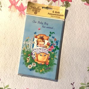ZELDZAME Fabulous vintage/retro 'Onze babyjongen is gearriveerd' uit circa jaren 1970 Set van 6 geboorteaankondigingskaarten en enveloppen - ontwerp schattig babyjongen