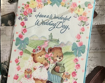 STUNNING Vintage Circa 1990s 'Have a Wonderful Wedding Day' Large Card with ADORABLE Bride & Groom Teddy Bear Design with a hint of glitter