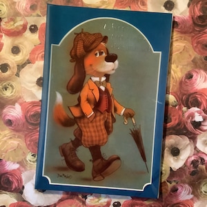 Extremamente raro vintage/retro por volta de 1970 'Um feliz aniversário querido marido' cartão frontal de plástico brilhante super fofo retrô 'cavalheiro' design de cachorro