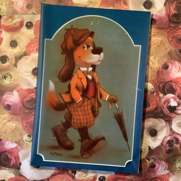 EXTREMELY Rare Vintage/Retro Circa 1970s 'A happy Anniversary dear Husband'Glossy Plastic Front Card Super Cute Retro 'Gentleman' Dog Design