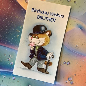 RARE Vintage/Retro Circa 1970s 'Birthday Wishes Brother' - Fun Debonair 'Big Eye' Design de gato - Retro, Nostalgia/Cartão de irmão amoroso de gato