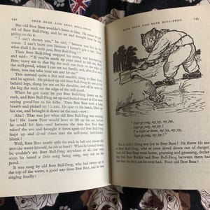 May include: Open book with illustrations and text. The left page has text about Brer Bear and Brer Bull-Frog. The right page shows an illustration of a bear with an axe. The book is open on a patterned surface.