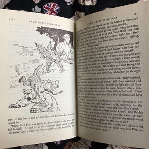 May include: Open book with illustrations and text. The left page features a black and white drawing of animals and a river scene. The right page has text. The book is open to pages 170 and 171, with the title "BRER FOX'S FISH-TRAP".