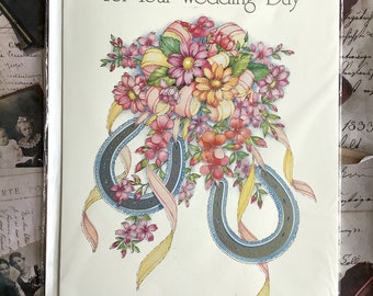 STUNNING Vintage Circa 1980s 'For Your Wedding Day' Large Card with Petty Horseshoes and Floral Design - Sweet Verse -Nostalgic Card To Keep