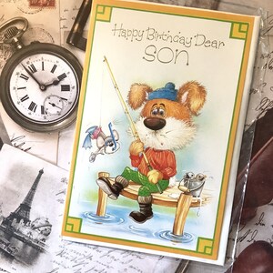 Cartão RARO Vintage/Retro por volta dos anos 1970 'Feliz Aniversário, Querido Filho' com um lindo design de pesca de cachorro e rato - Cartão nostálgico - Filho amoroso de pesca