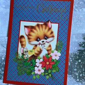 Carte de voeux de Noël pour ma petite amie vintage RARE des années 1970, adorable grand chat aux yeux bleus et souris, petite amie fan rétro en vers doux
