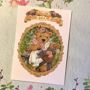 RARE carte d'anniversaire pour maman vintage des années 1990, adorable ours en peluche « Bengry Bears » sur vélo par Sarah Bengry - décoré à l'intérieur - fan d'ours