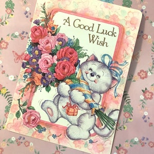 ZELDZAME vintage kaart 'A Good Luck Wish' uit de jaren 80 - AANBIDDELIJKE kat met een groot boeket bloemenontwerp - kaart kattenliefhebber - kaart schattige kat