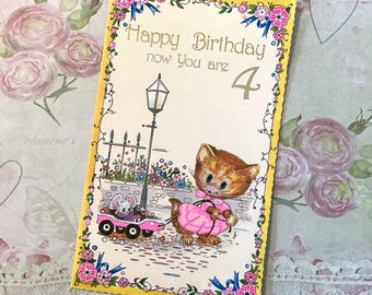 RARE Vintage Circa 1970s 4th Birthday Card - ADORABLE Kitsch, Dressed Cat and Mouse Design - Sweet Verse Inside -Traditional, Nostalgic Card