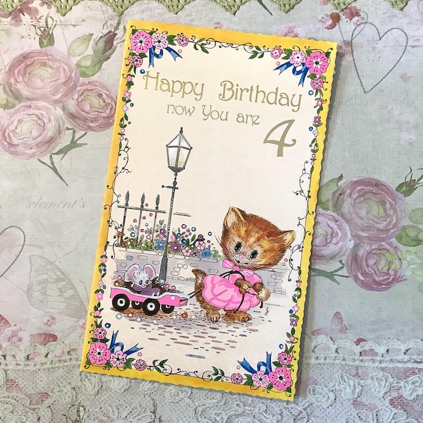 RARE Vintage Circa 1970s 4th Birthday Card - ADORABLE Kitsch, Dressed Cat and Mouse Design - Sweet Verse Inside -Traditional, Nostalgic Card