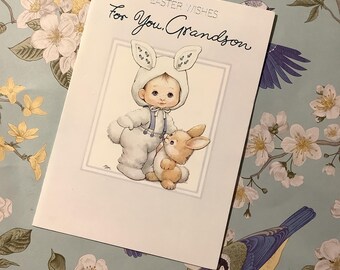RARA cartolina vintage degli anni '80 circa "Auguri di Pasqua per te, nipote" - ADORABILE ragazzo in costume da coniglio e disegno di coniglietto di Ruth Morehead - Nostalgia