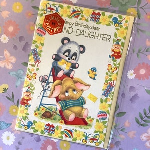 RARE Vintage Circa 1970s Limited Edition &#39;Happy Birthday, dear Grand-daughter&#39; Card with Cute Panda, Elephant,Mouse,Turtle & Bluebird Design