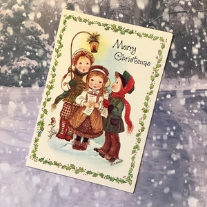 RARE vintage Circa 1970s 'Joyeux Noël' Carte de Noël vierge conçue par Eva Harta avec Cute Carol Singing Children Design & Sweet Greeting