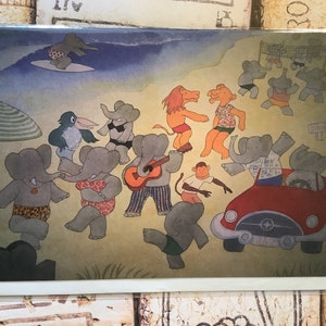 Babar der Elefant Super süße Karte - Babar, Celeste und ihre Kumpels am Strand Design! Karte für jeden Anlass - Lustige Karte zum Einrahmen oder Senden